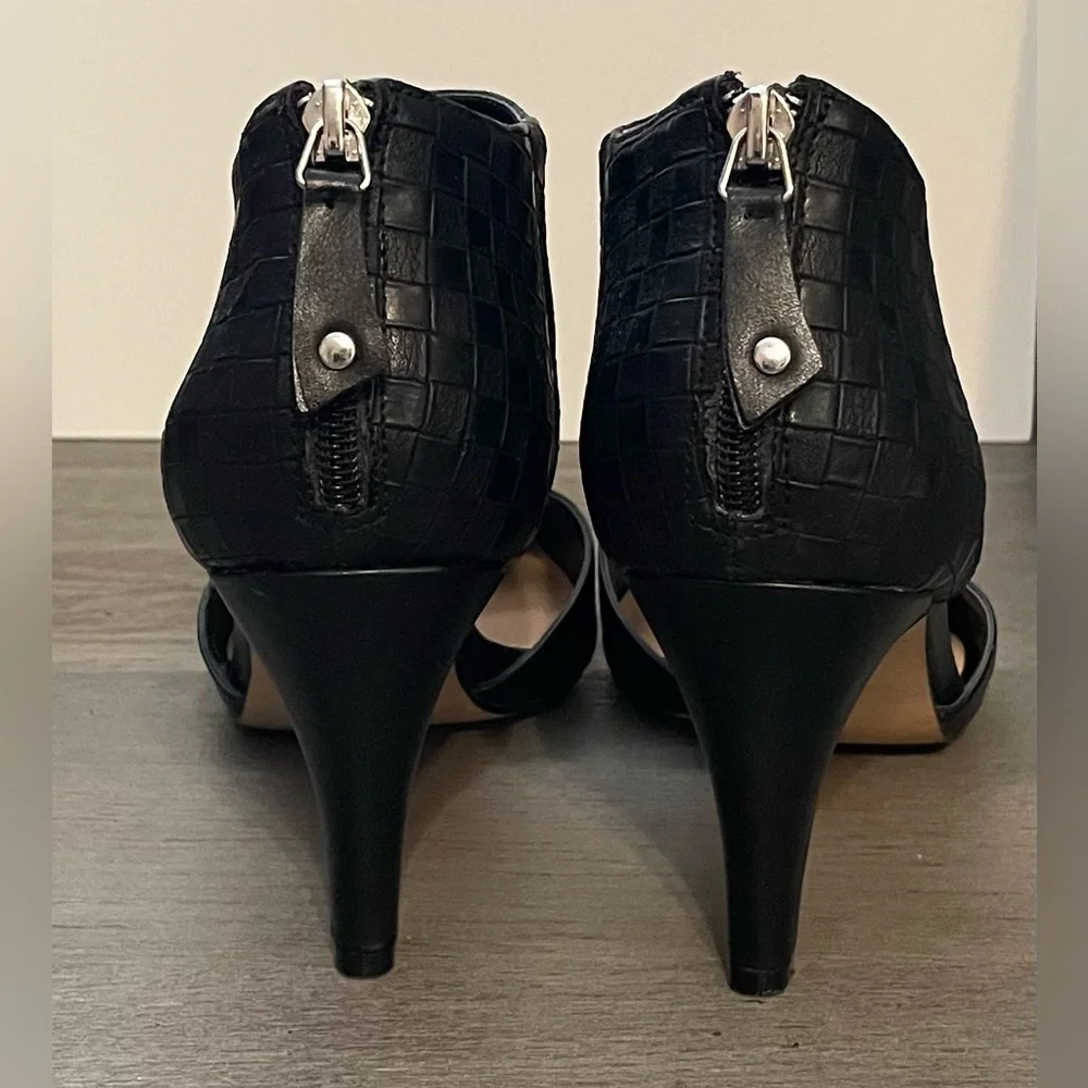Black Pointed Toe Heels Size 10 Woven Ankle Strap Stiletto Pumps - Picture 3 of 8